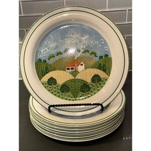 Set of 7 Vintage Sango Sangostone 10-5/8" Dinner Plates, “Country Cottage” 3645